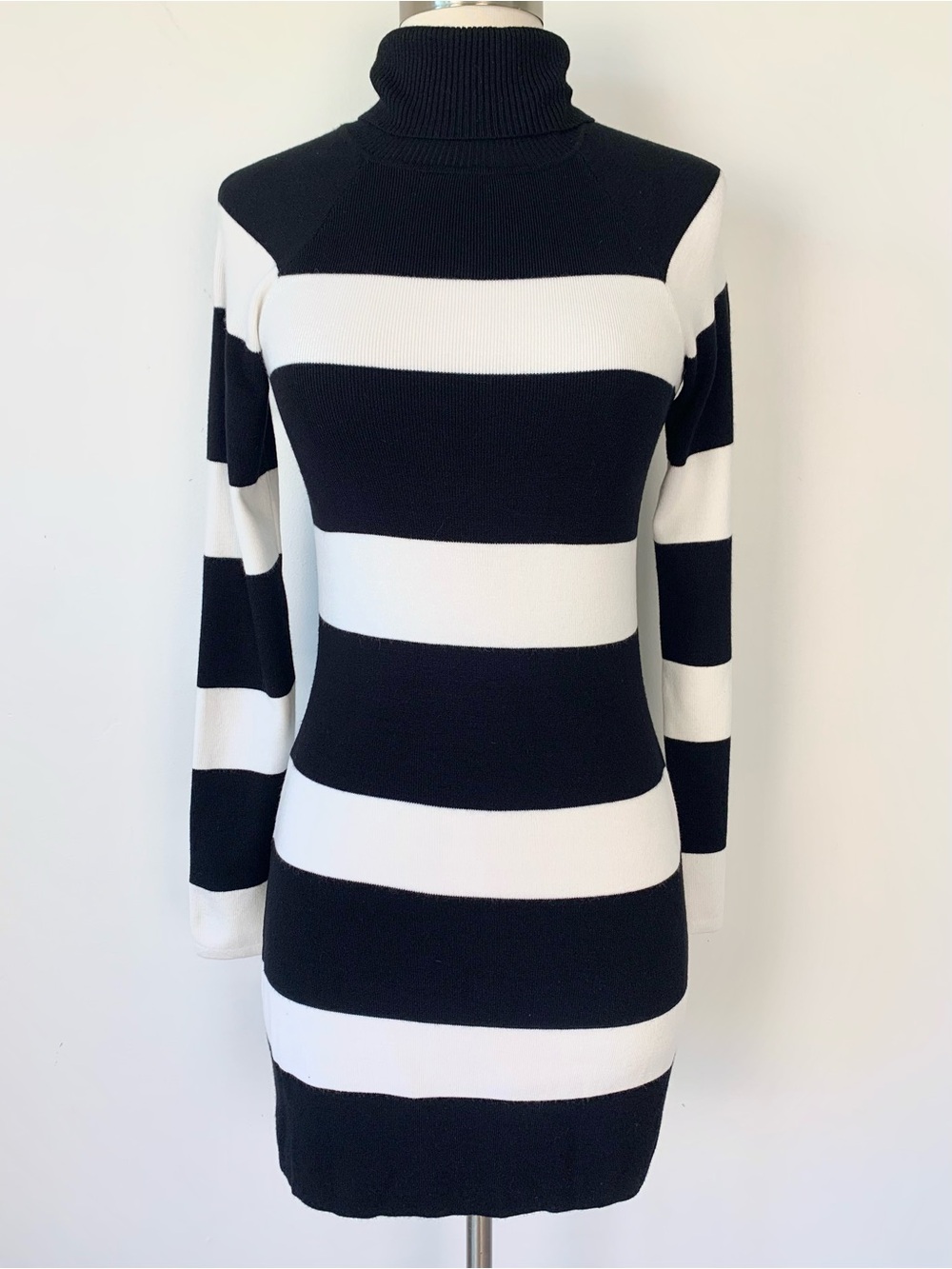 INC International Concepts Striped Turtleneck Tunic Sweater Black White Small